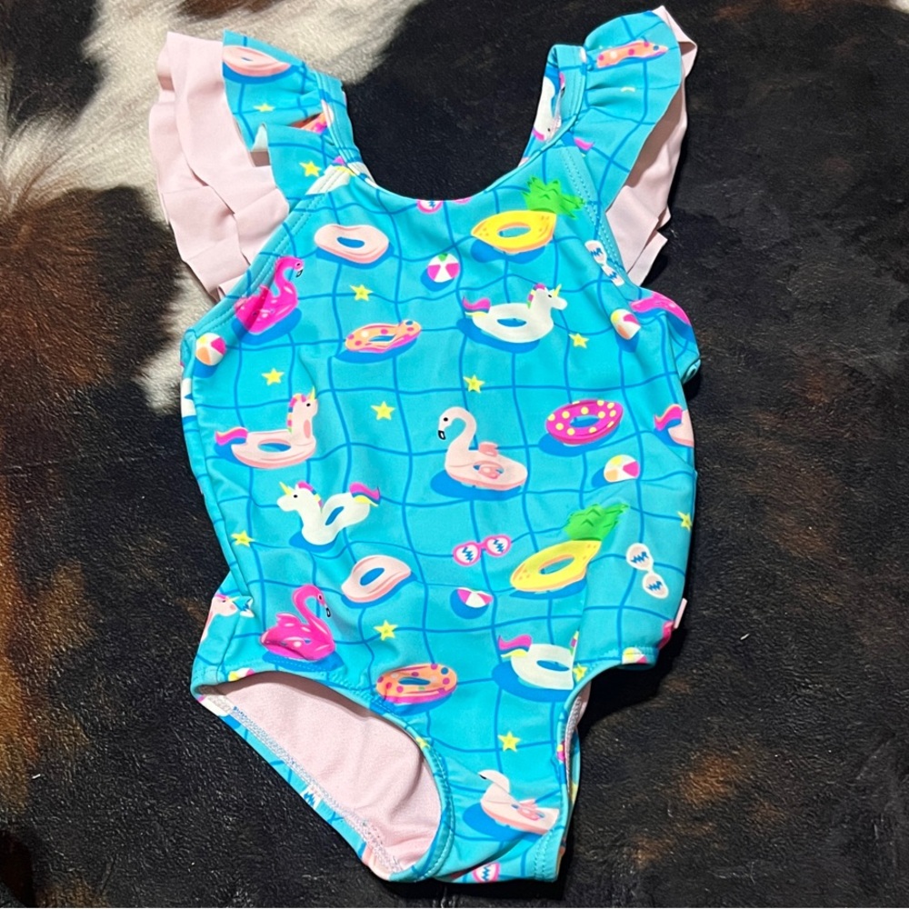 Ruffle Butts Girls One-Piece Swimsuit in Aqua Blue with Pink Ruffles